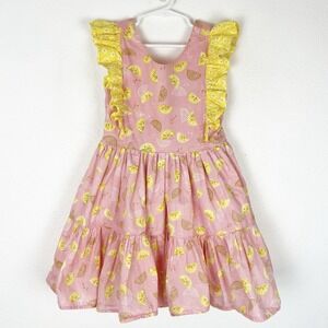 Girls 5/7 Lemon Print Summer Sun Dress Kids Fashion Pink Yellow Tiers Ruffles